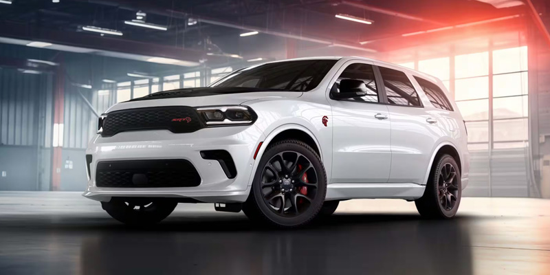 Front three-quarter view of a white Dodge Durango SRT Hellcat inside a garage.